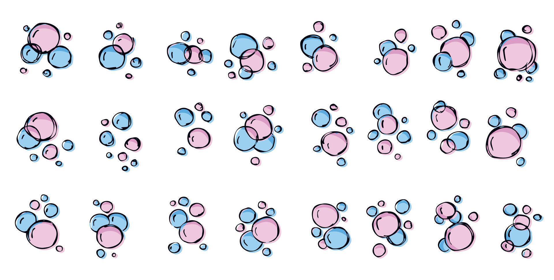 agua burbuja. contorno aire jabón. bosquejo espuma dibujo. conjunto de bañera efecto aislado en blanco. agua rosado azul brillar, garabatear puro limpiar submarino gas vector