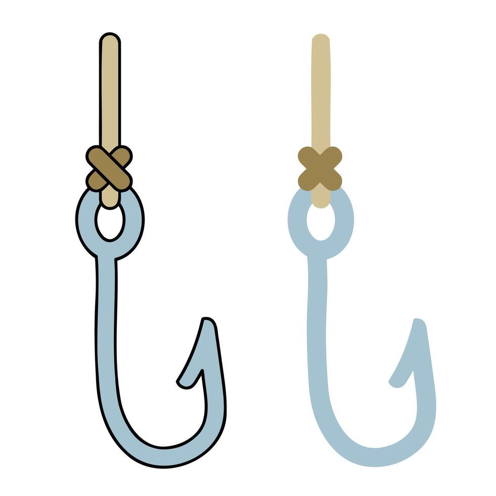 Fishing hook. Metal fishhook for bait, fish trap. Equipment of fisherman. Cartoon icon isolated on white background vector