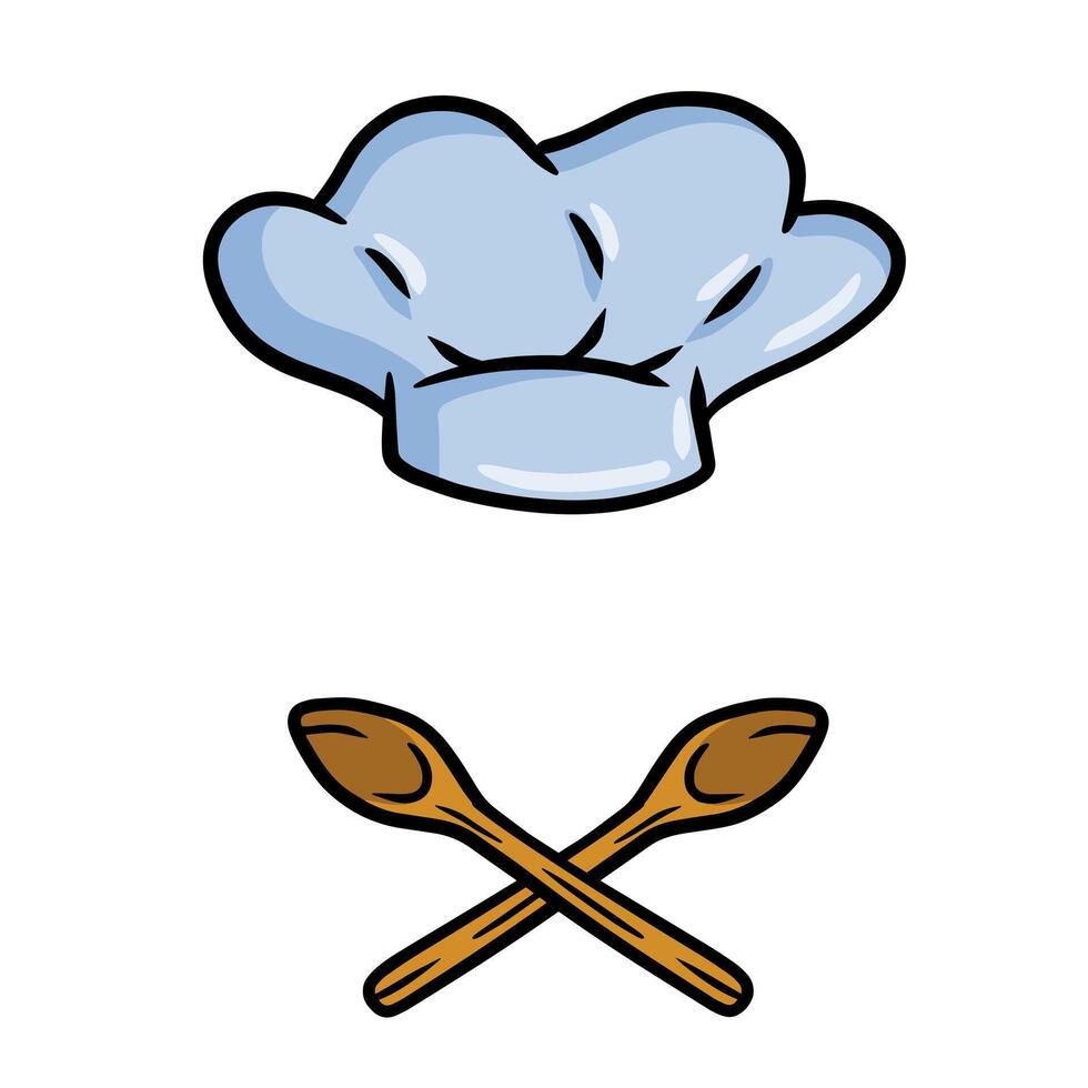 Chef hat. Wooden spoon. Cartoon drawn illustration. Cook white Clothes. Element of the restaurant and cafe vector