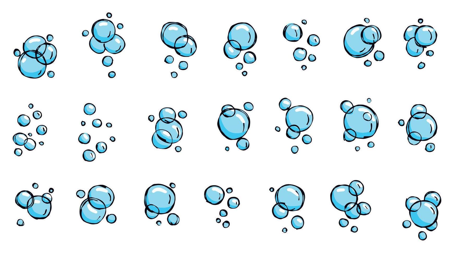 Water bubble. Outline blue air soap. Sketch foam drawing. Aqua sparkle, doodle pure clean underwater gas. Set of Bath effect isolated on white vector