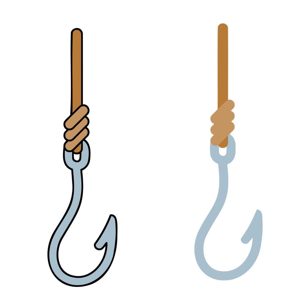 Fishing hook. Metal fishhook for bait, fish trap. Equipment of fisherman. Cartoon icon isolated on white background vector