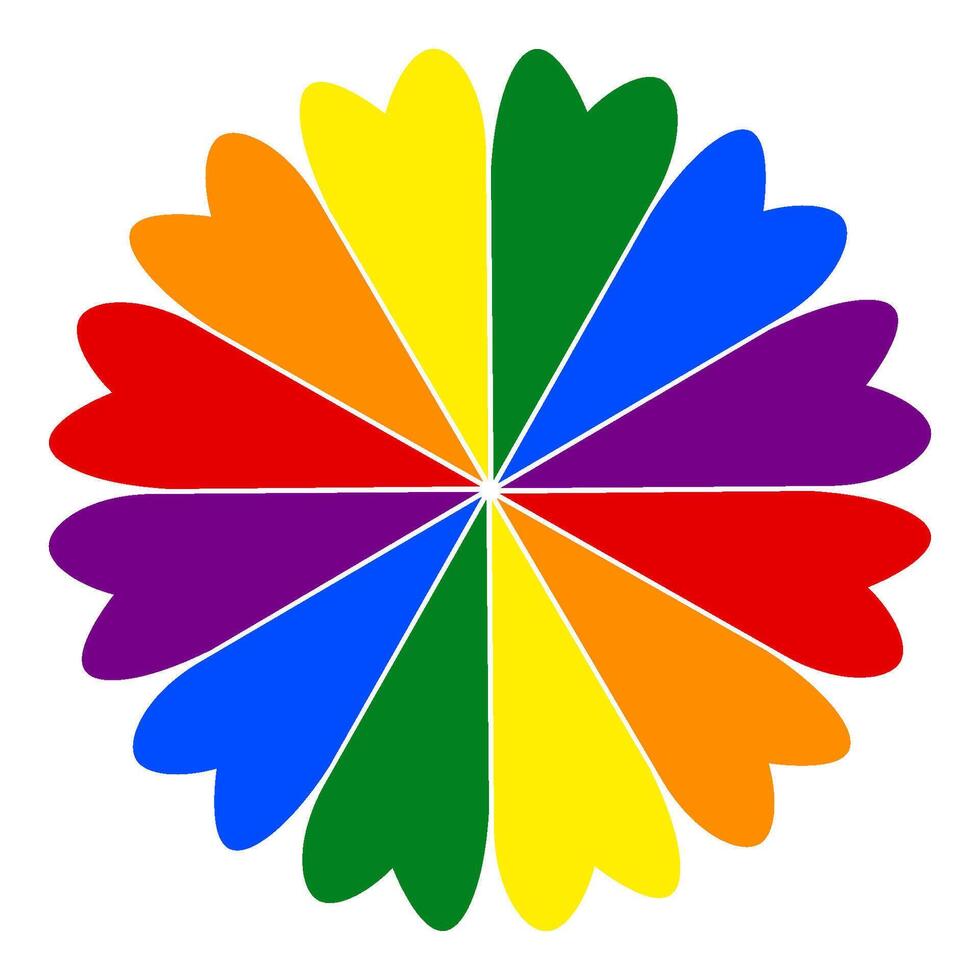 Rainbow flower with heart-shaped petals, isolated on a transparent background. Badge for Pride Month. Flat element for Pride month vector