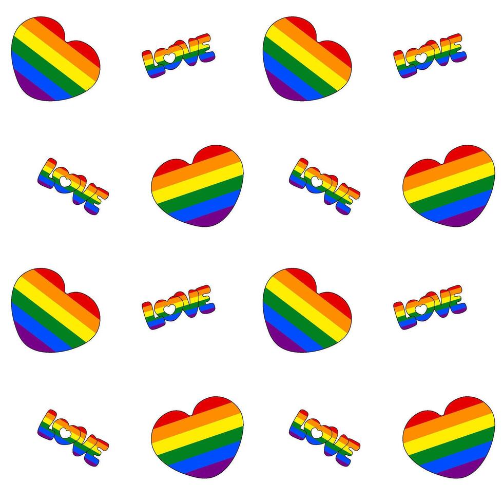Seamless pattern of Rainbow Hearts and the rainbow word Love on a clear background. Wrapper for Pride Month. Abstract background for Pride Month vector