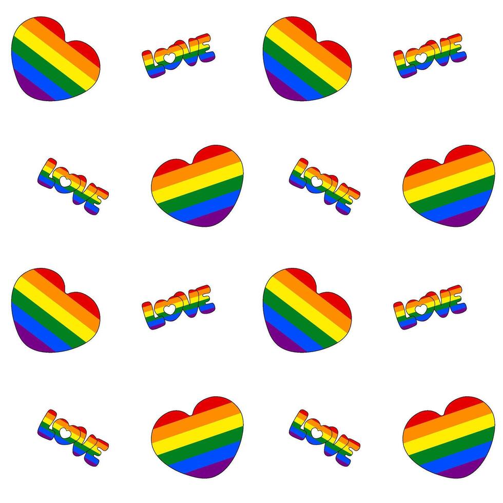 Seamless pattern of Rainbow Hearts and the rainbow word Love on a clear background. Wrapper for Pride Month. Abstract background for Pride Month vector