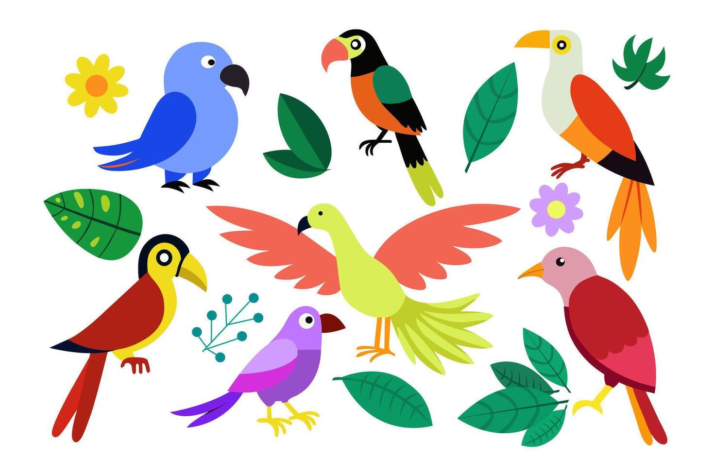 Exotic jungle birds set on white background vector