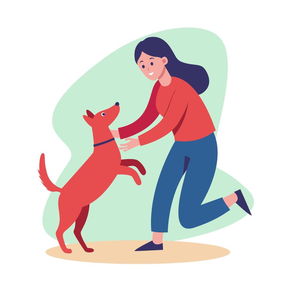 Female Character Playing with Pet. Woman with dog vector
