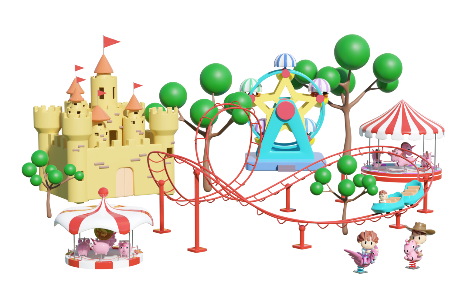 3d amusement park with roller coaster, ferris wheel, unicorn spring rider, carousel, merry go round, castle, towers. 3d render illustration png