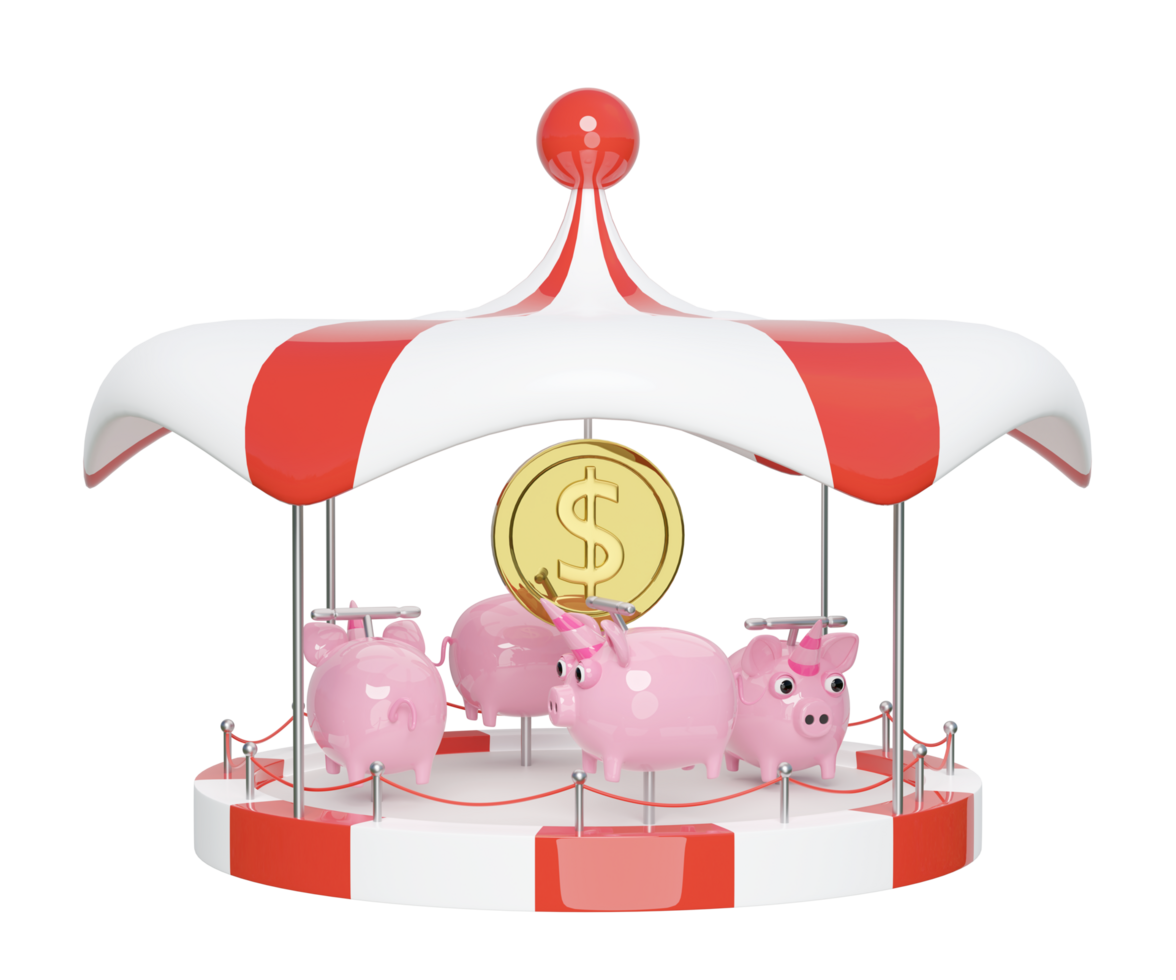 Carousel or merry go round with piggy bank, coin isolated. 3d render illustration png