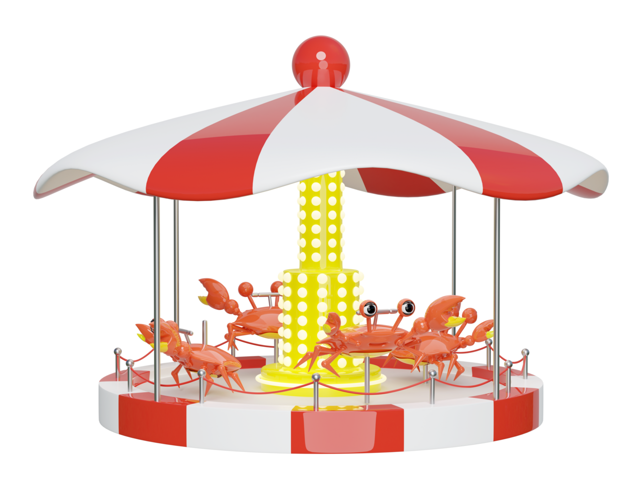 Carousel or merry go round for children with crab isolated. 3d render illustration png