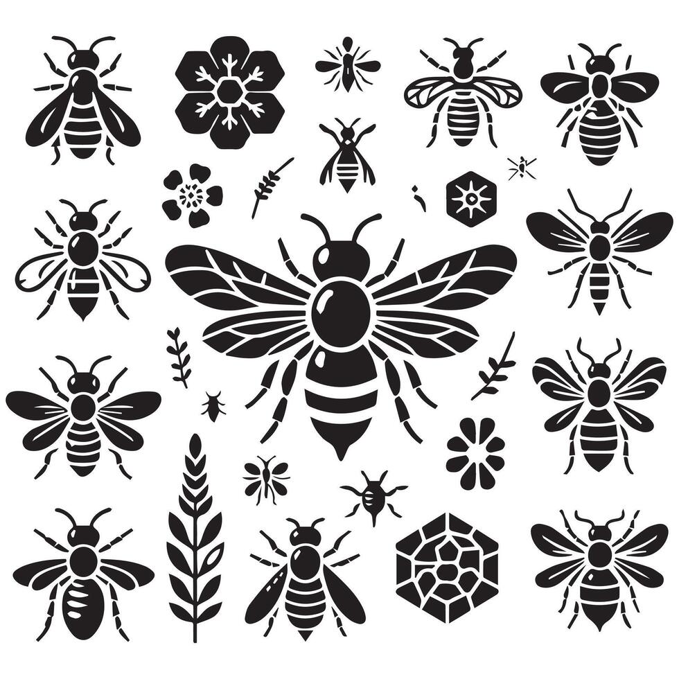 abeja silueta negro plano ilustración vector