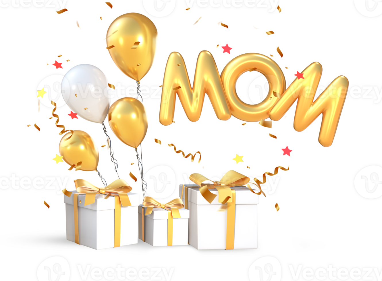 3d rendering white and golden gifts with mom balloons for Mother's day png