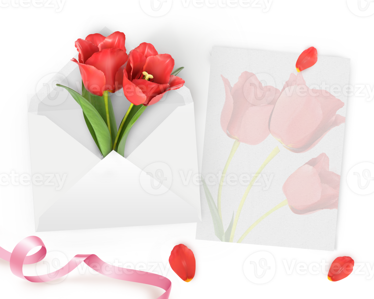 3d rendering envelope with red tulip flowers and card design png
