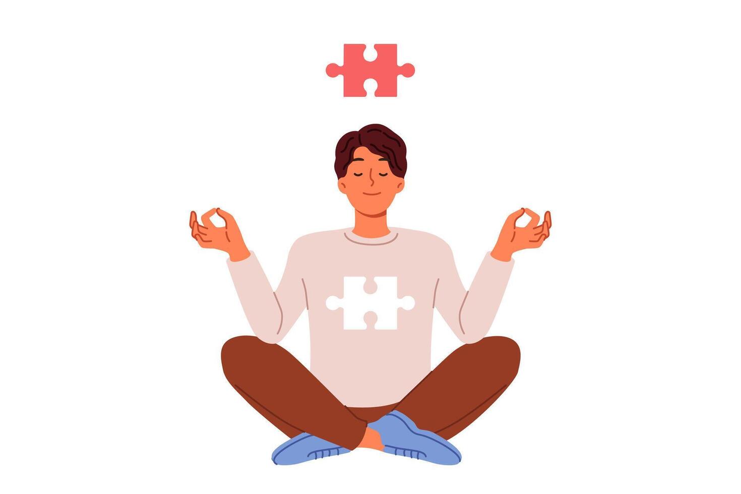 Man meditates sitting in lotus position and feels synchronization soul in form of puzzle and cosmos vector