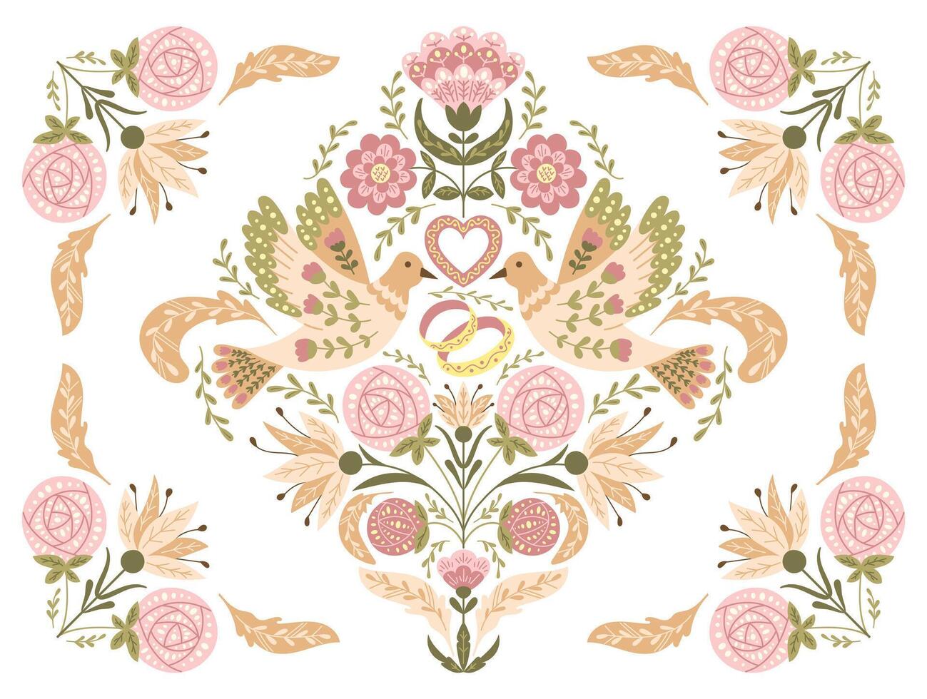 Wedding floral horizontal invitation or banner in retro folk style with animalistic symmetry composition with birds, rings and heart in muted colors. Botanical template for engagement card vector