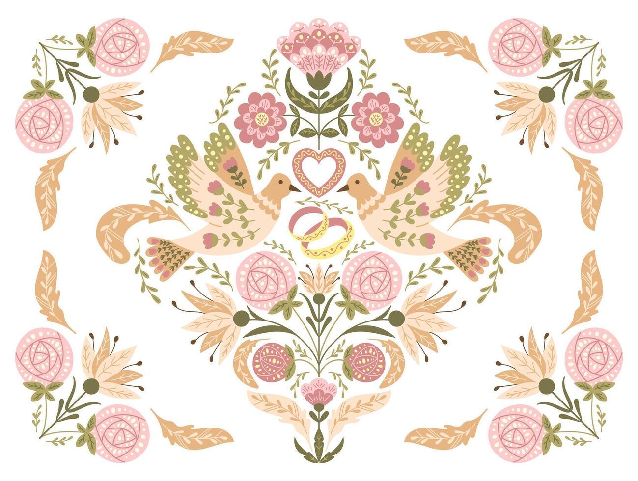 Wedding floral horizontal invitation or banner in retro folk style with animalistic symmetry composition with birds, rings and heart in muted colors. Botanical template for engagement card vector