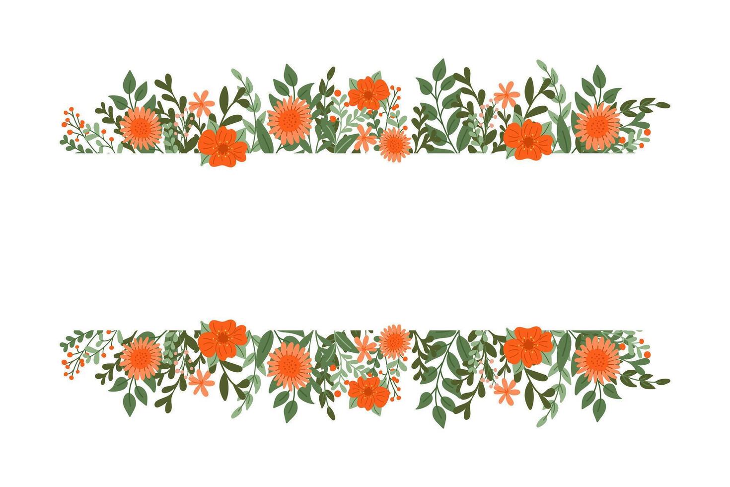 Floral horizontal background with copy space. Hand drawn flat abstract stylized simple flowers and branches. Botanical natural background isolated on white background. vector