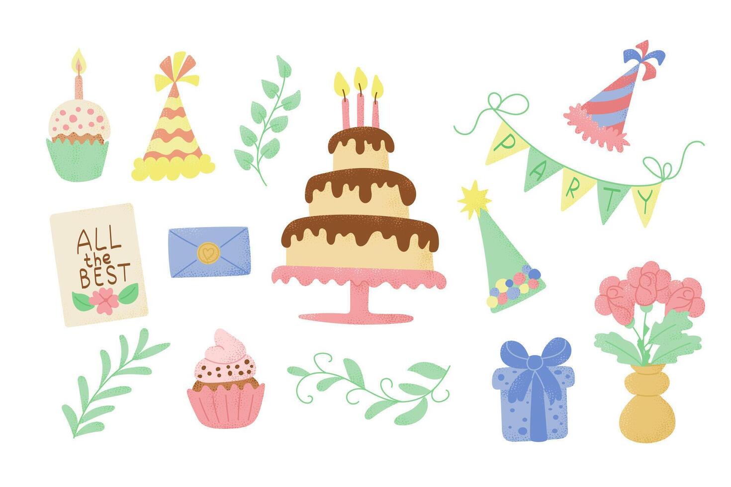 plano cumpleaños mano dibujado conjunto de artículos para niños fiesta con pastel y regalos. de moda texturizado ilustraciones en caramelo pastel colores aislado en blanco antecedentes vector