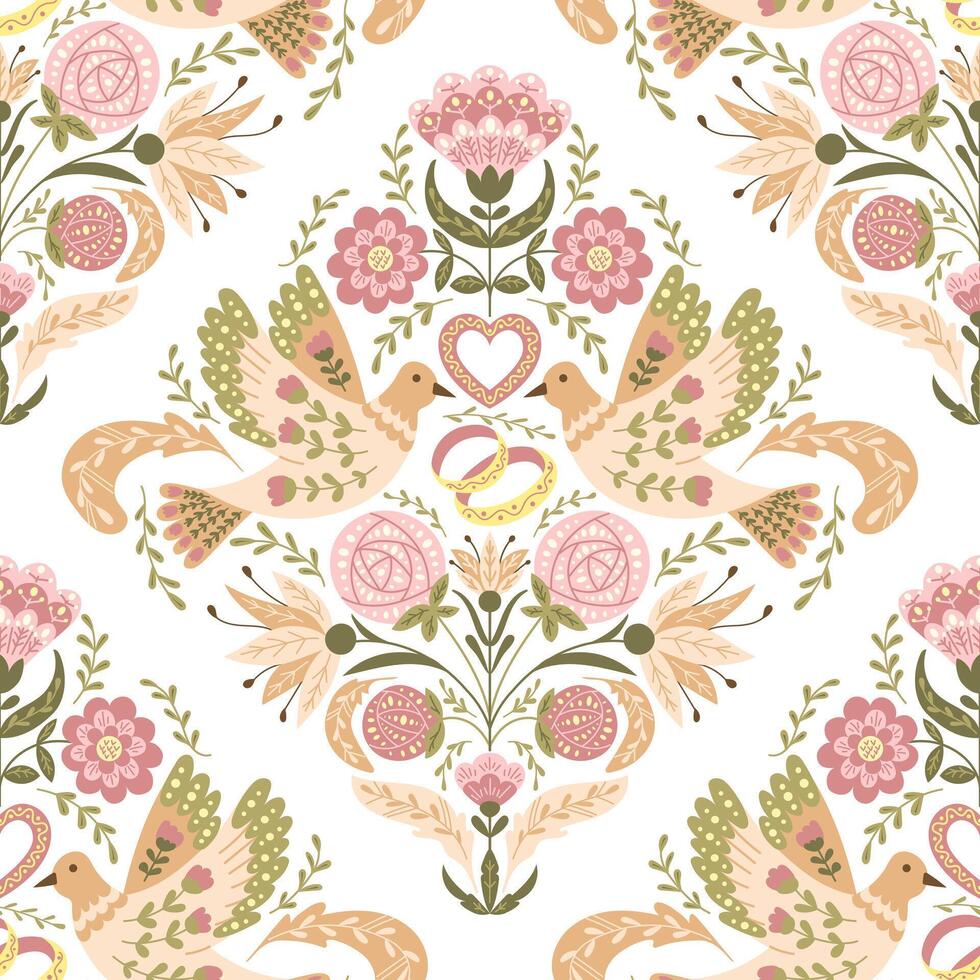 Vintage wedding seamless pattern with symmetrical square composition in folk floral style. Flat fantasy birds, flowers and rings in boho style and muted colors. Trendy print design for textile vector