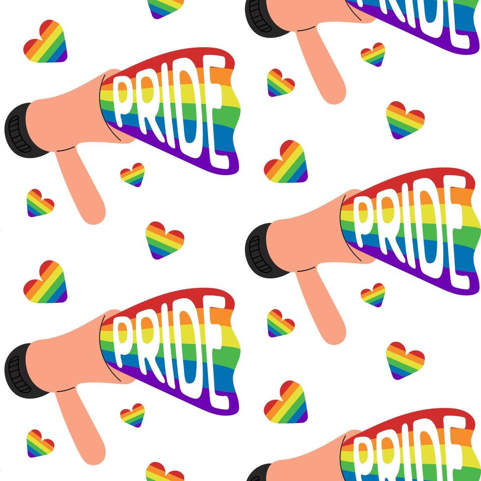 Seamless pattern with megaphone and hearts with rainbow in flat style. Peaceful and equality concept supporting LGBTQ community. hand drawn illustration for Pride month vector