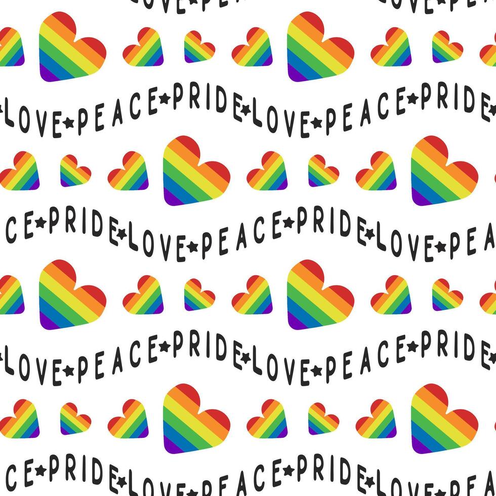 Seamless pattern with lgbtq community symbols and curved text Love, pride, peace. hearts in rainbow colors isolated on white background. Peaceful and equality concept for Pride month vector