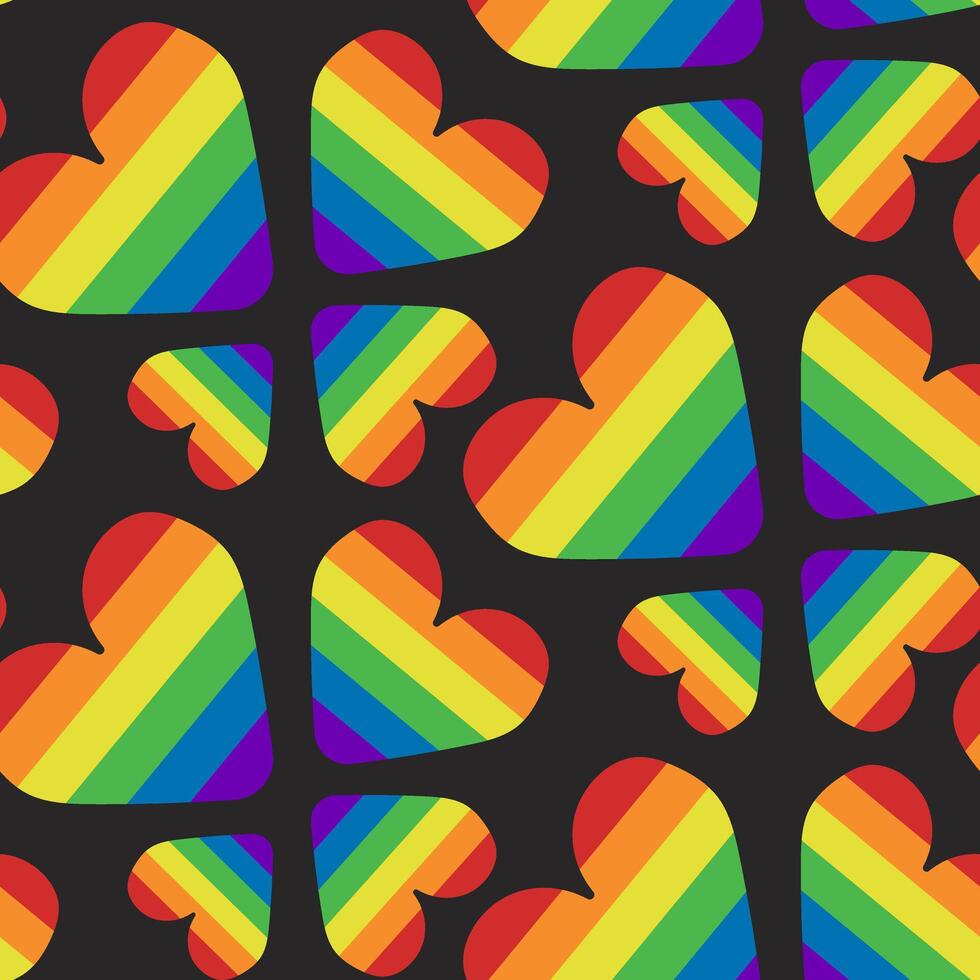 Seamless pattern with hearts in rainbow colors on black background. Peaceful and equality concept. hand drawn illustration for Pride month vector