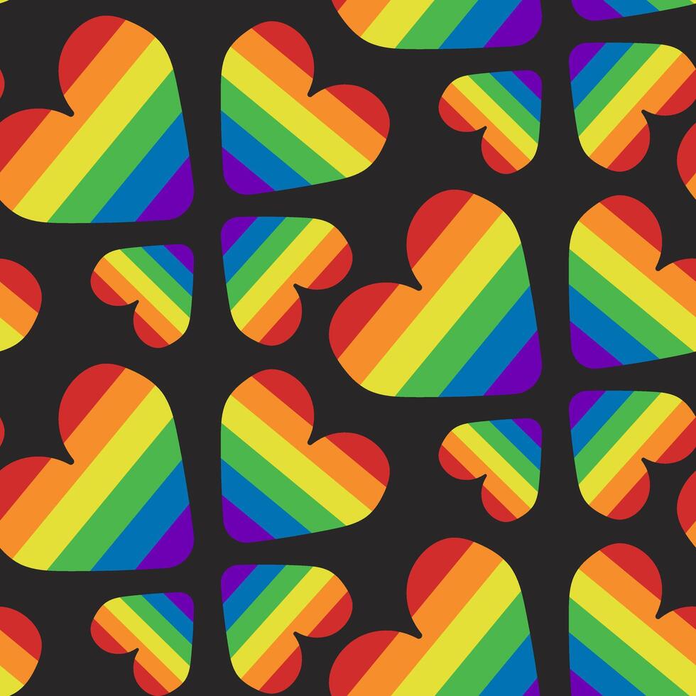 sin costura modelo con corazones en arco iris colores en negro antecedentes. pacífico y igualdad concepto. mano dibujado ilustración para orgullo mes vector