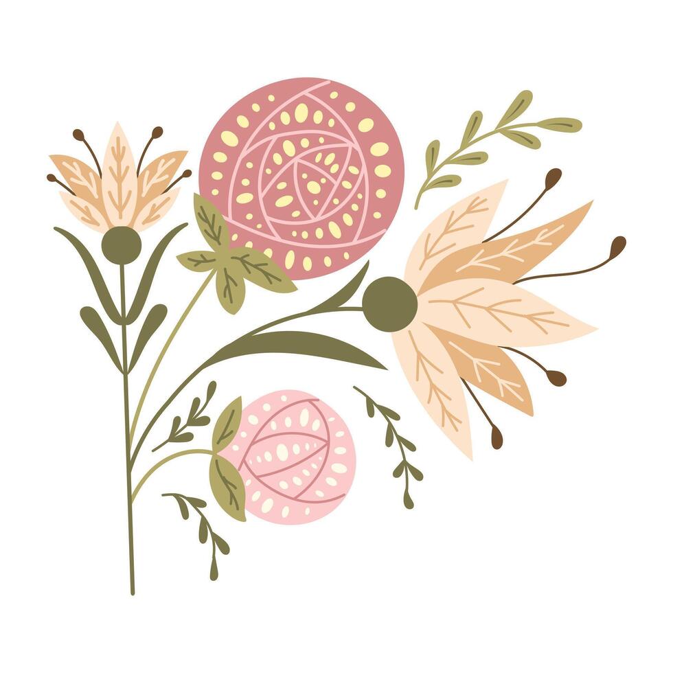 Abstract floral asymmetrical composition in folk fantasy style. flat hand drawn illustration in muted colors and boho style isolated on white background. Ideal for home decor or printout vector