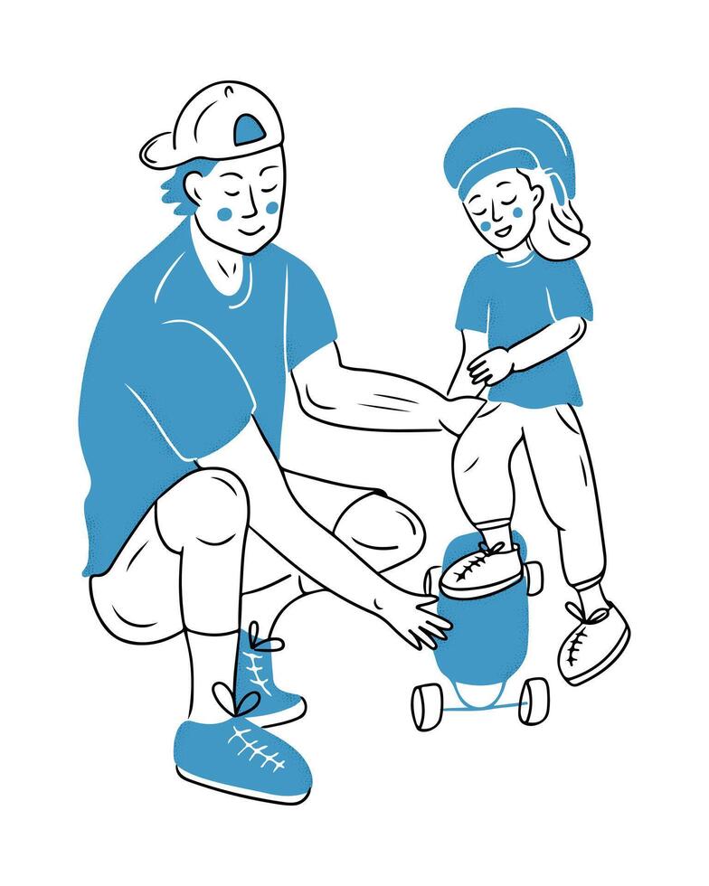 Sketch drawing of father and his child training to ride skateboard. family and growing up concept for logo. Contour flat doodles in blue and black colors isolated on white background. vector