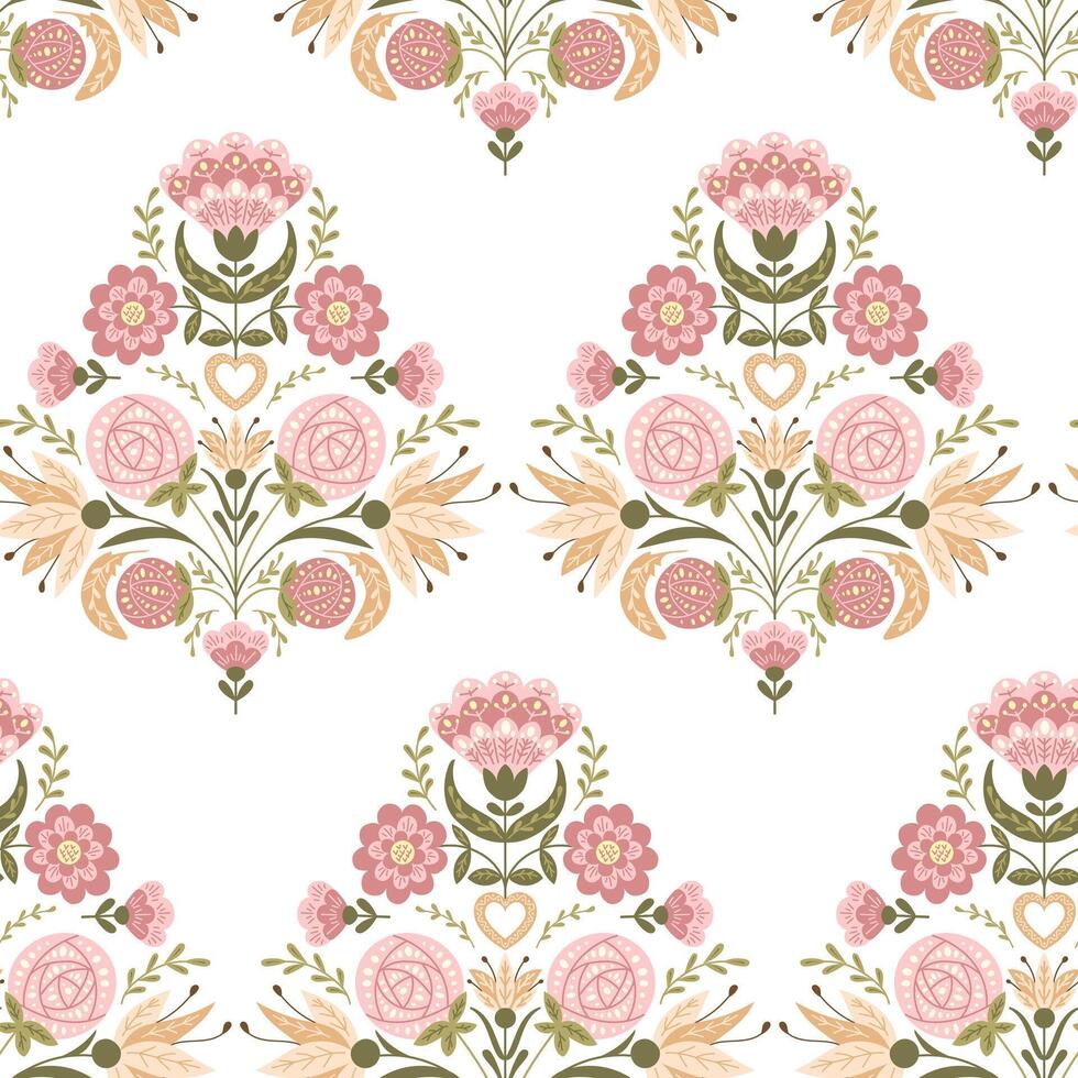 Muted seamless pattern with abstract symmetrical floral composition in folk style. Botanical fantasy flat illustration in boho style for wedding. Print design for textile or wallpaper vector