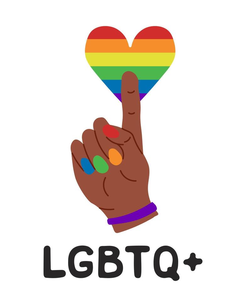 poster supporting LGBTQIA community. Flat black hand with colored nails and heart in rainbow colors isolated on white background. Peaceful and equality concept vector