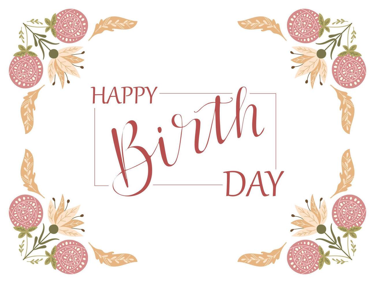 Happy birthday horizontal greeting card or banner in retro folk style with symmetry floral compositions in muted colors isolated on white background. Botanical template for birthday party vector