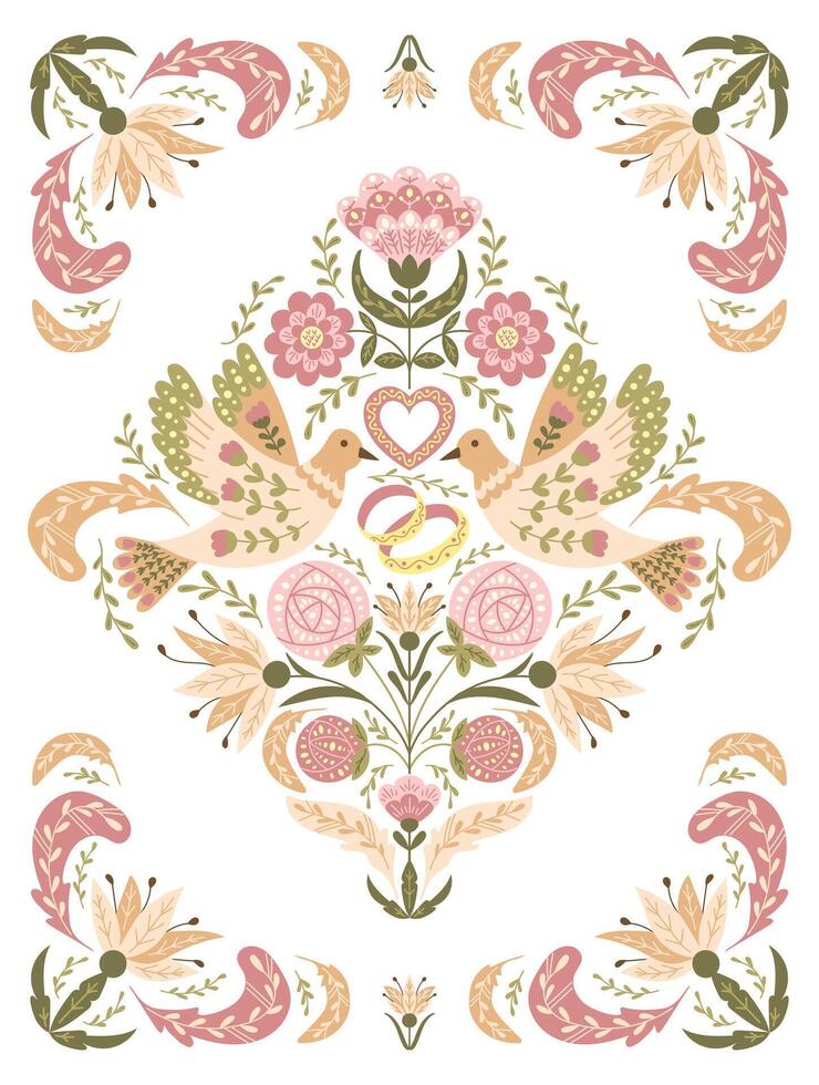 Retro wedding invitation or banner in folk style with floral symmetry composition with birds, rings and heart in muted colors. Botanical template for marriage or engagement card vector