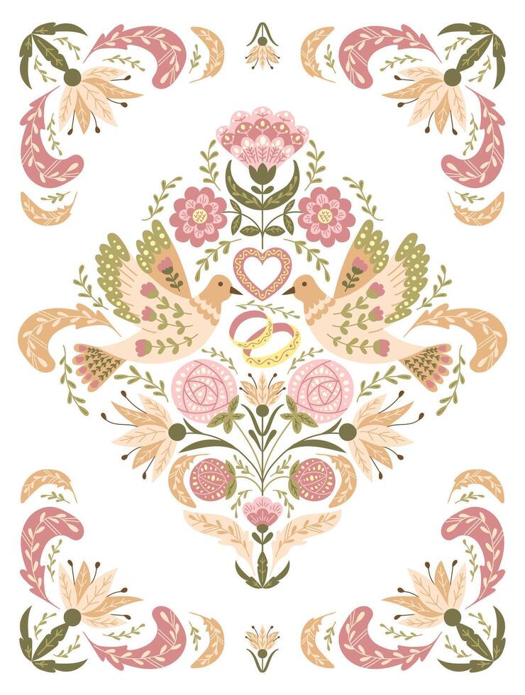 Retro wedding invitation or banner in folk style with floral symmetry composition with birds, rings and heart in muted colors. Botanical template for marriage or engagement card vector