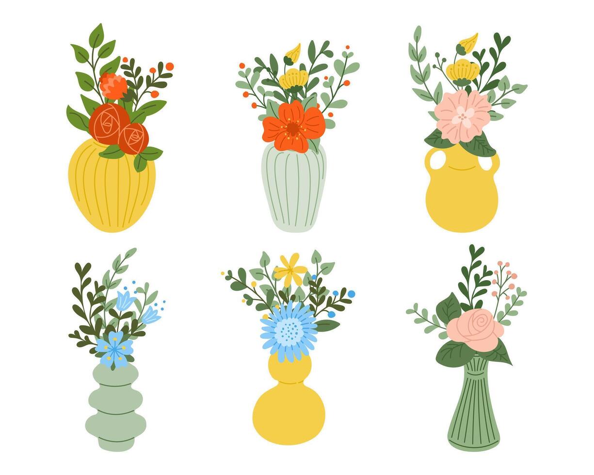 Set of flat hand drawn vases with abstract floral bouquets. colored illustration isolated on white background. Unique print design for printout, poster, interior. vector