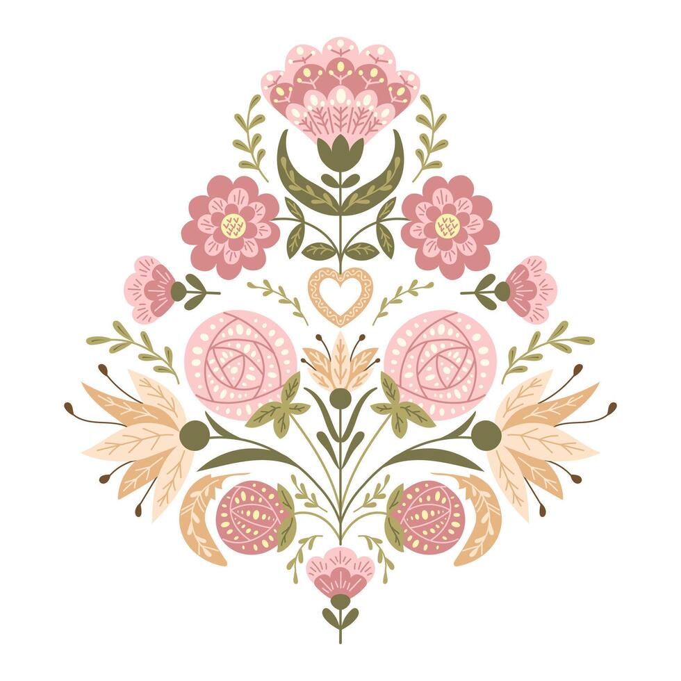 Symmetrical abstract floral composition in vintage fantasy style. flat hand drawn illustration in boho folk style and muted colors isolated on white background vector