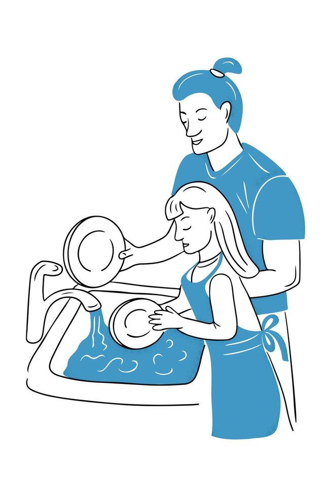 Sketch drawing of father washing dishes with daughter. family and growing up concept for logo. Contour flat doodle illustration in blue and black colors isolated on white background. vector