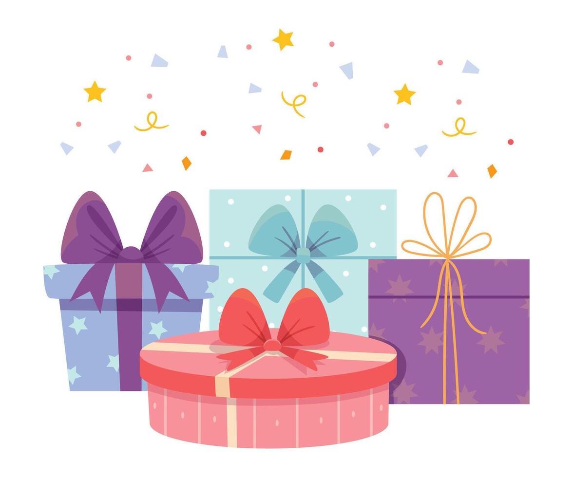 Set of colorful gift boxes with bows and ribbons. vector