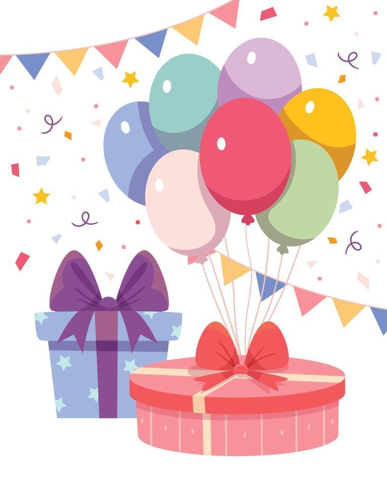 Gift box with a helium balloons on.Birthday greeting card template. vector