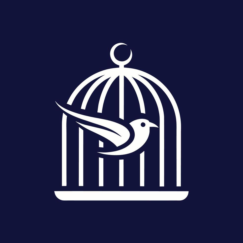 A trapped bird inside a cage against a dark backdrop, A clean and simple design featuring a bird cage, minimalist logo vector