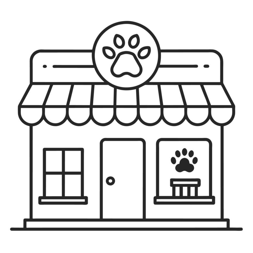 A pet store with a dogs paw print on the roof, A minimalist outline of a pet store front, minimalist logo vector