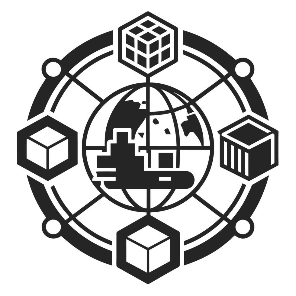 un negro y blanco globo rodeado por geométrico cubitos, representando interconexión en un pulcro diseño, un monocromo logo simbolizando el interconexión de suministro cadenas vector