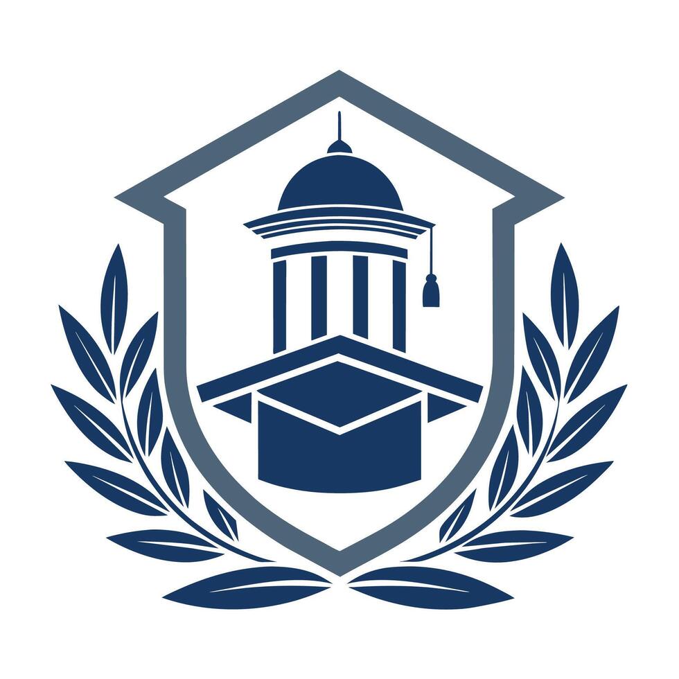 azul y blanco cresta presentando un edificio en el fondo, simbolizando sofisticación y herencia, un sutil, sofisticado logo incorporando símbolos de mayor educación vector