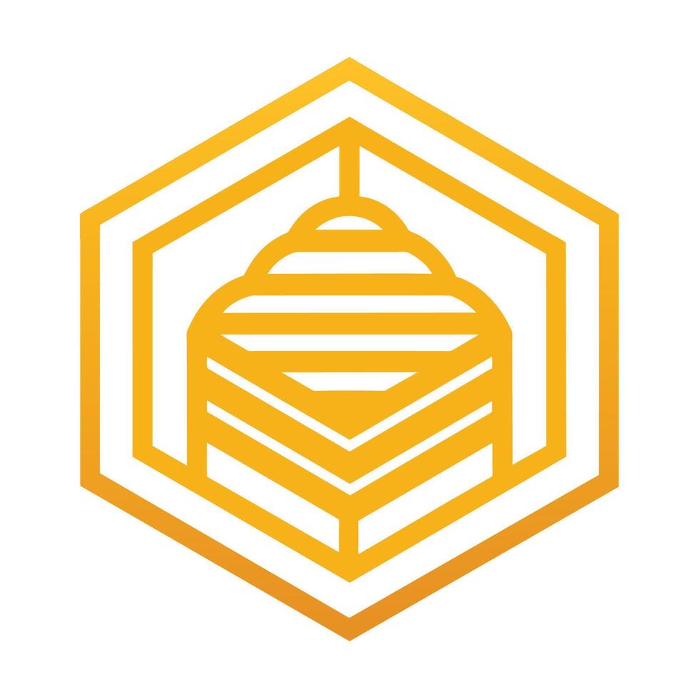 Abstract geometric representation of a beehive in yellow hexagonal shape against a plain white backdrop, An abstract geometric representation of a beehive, minimalist logo vector