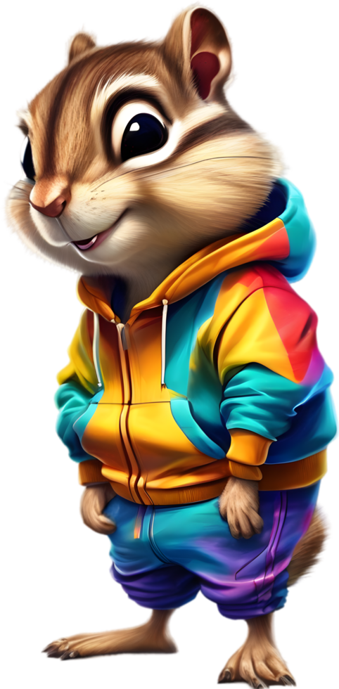 A cute chipmunk in a colorful tracksuit. AI-Generated. png