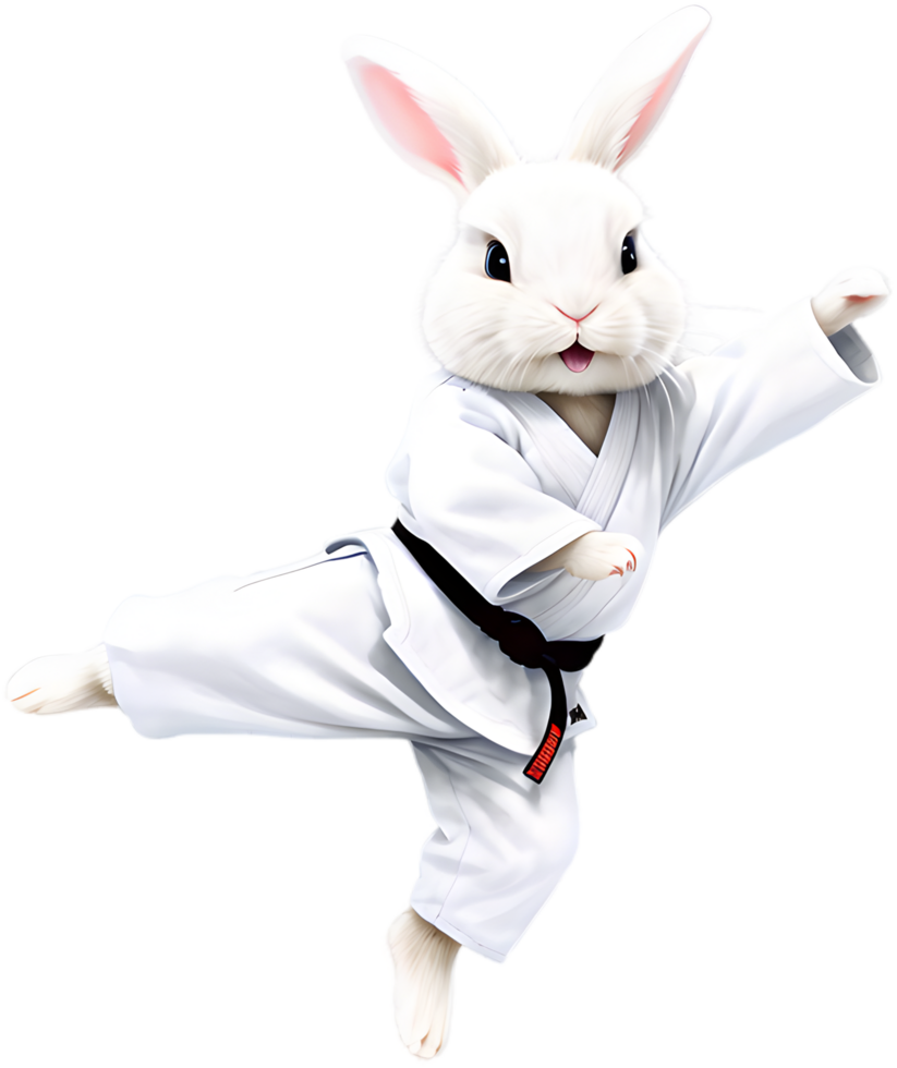A fluffy white bunny wearing a karate gi. AI-Generated. png