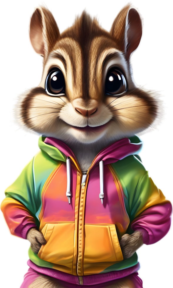 A cute chipmunk in a colorful tracksuit. AI-Generated. png