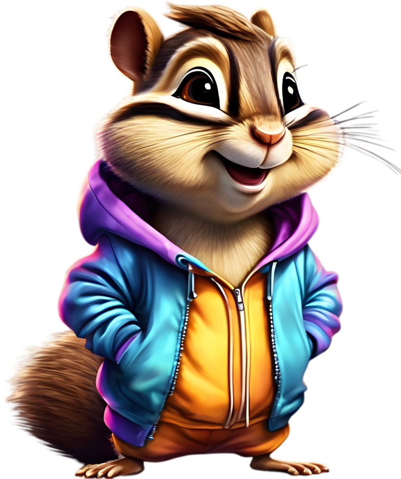 A cute chipmunk in a colorful tracksuit. AI-Generated. png