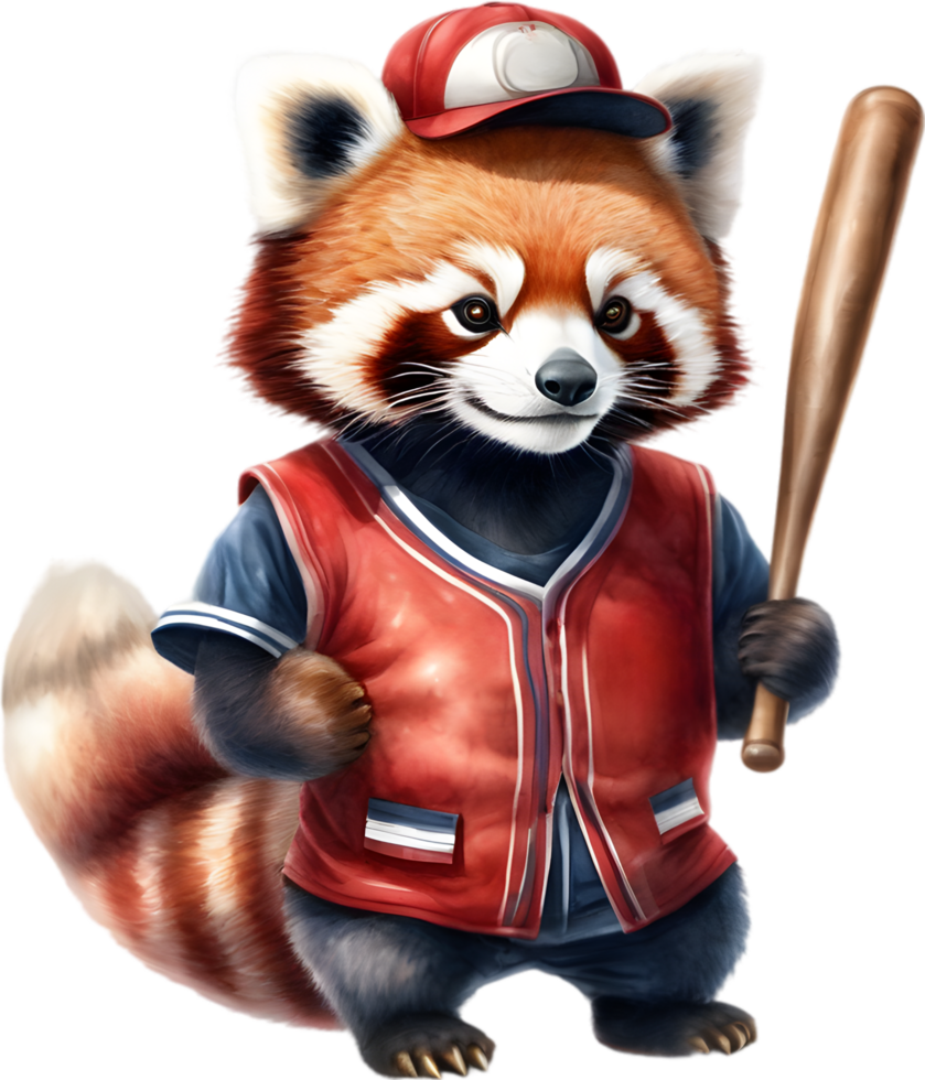 A cute red panda wearing a baseball uniform. AI-Generated. png