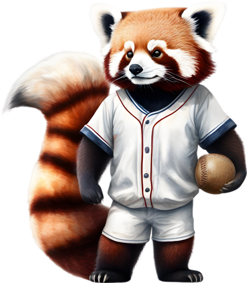 A cute red panda wearing a baseball uniform. AI-Generated. png