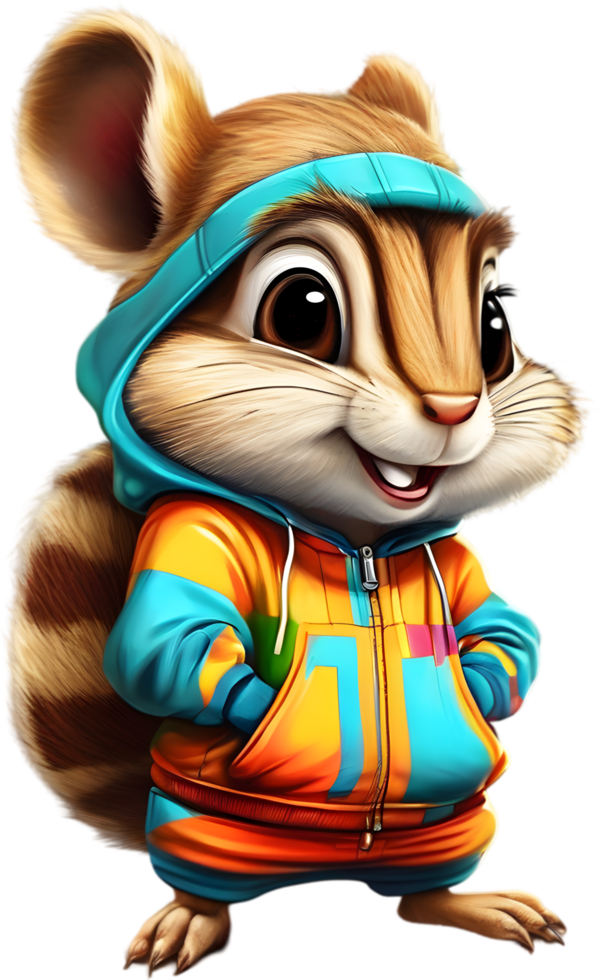 A cute chipmunk in a colorful tracksuit. AI-Generated. png